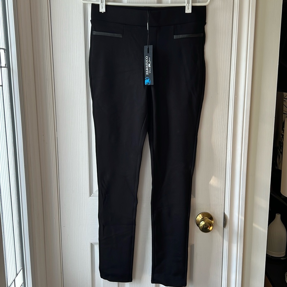 PARASUCO Ladies Med Black Pull on Pants with leather faux pockets NEW with Tag